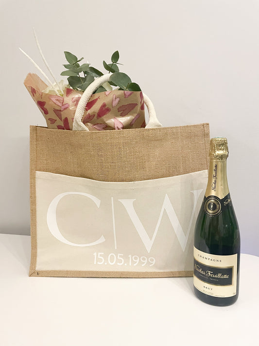 XL Jutetasche personalisiert mit Anfangsbuchstaben und Datum l Geschenk Hochzeit, Hochzeitstag, Silberhochzeit