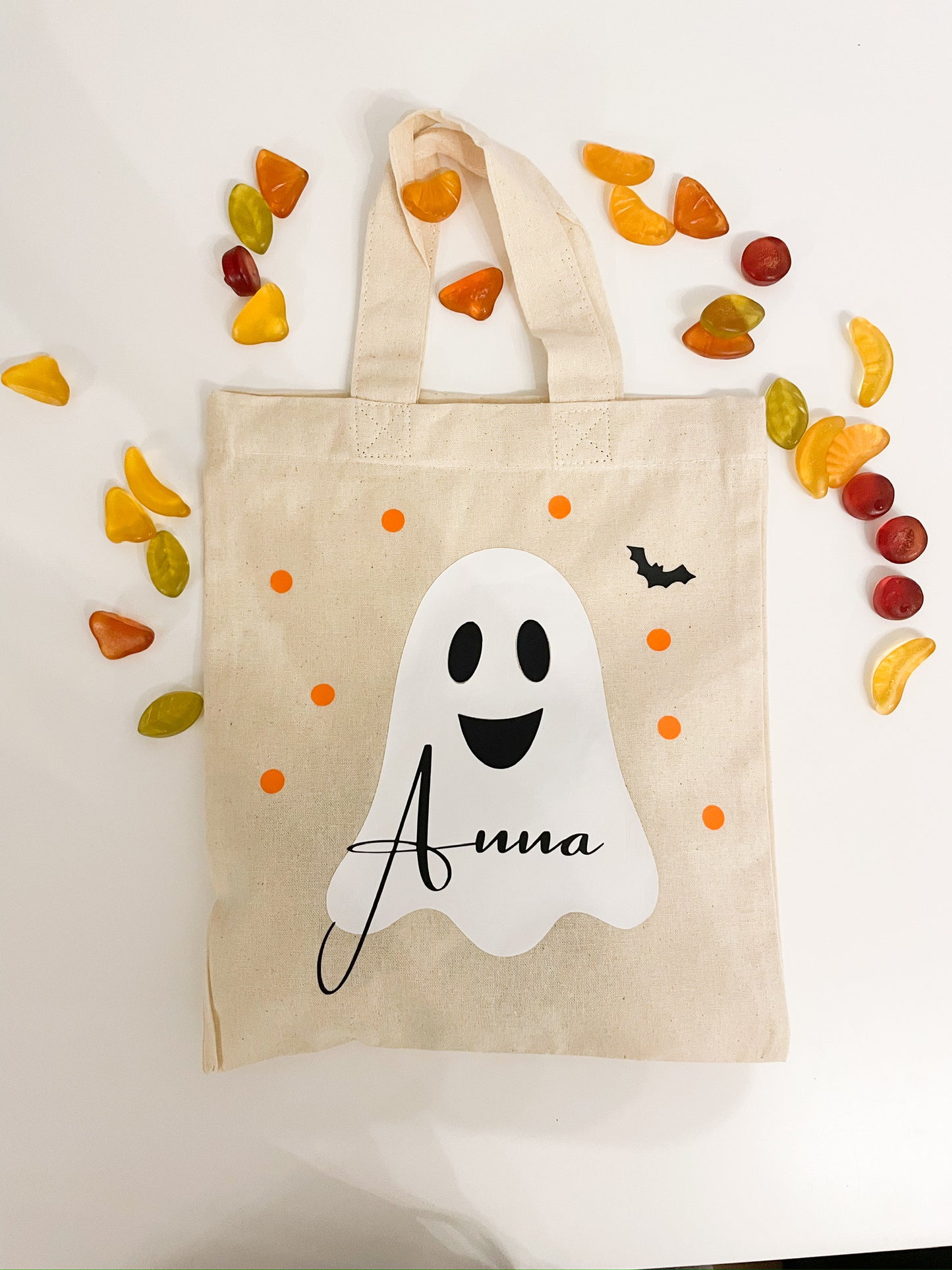 Halloween Süßigkeiten Tasche mit Name personalisiert | Baumwolltasche | Gespenst, Kürbis, Fledermaus