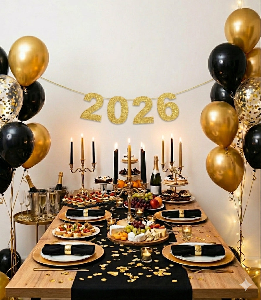 Silvester Deko Set 2026 – Schwarz-Gold – Mit Girlande, Folienballons, Pompons & Regenvorhang – Für Eine Unvergessliche Party