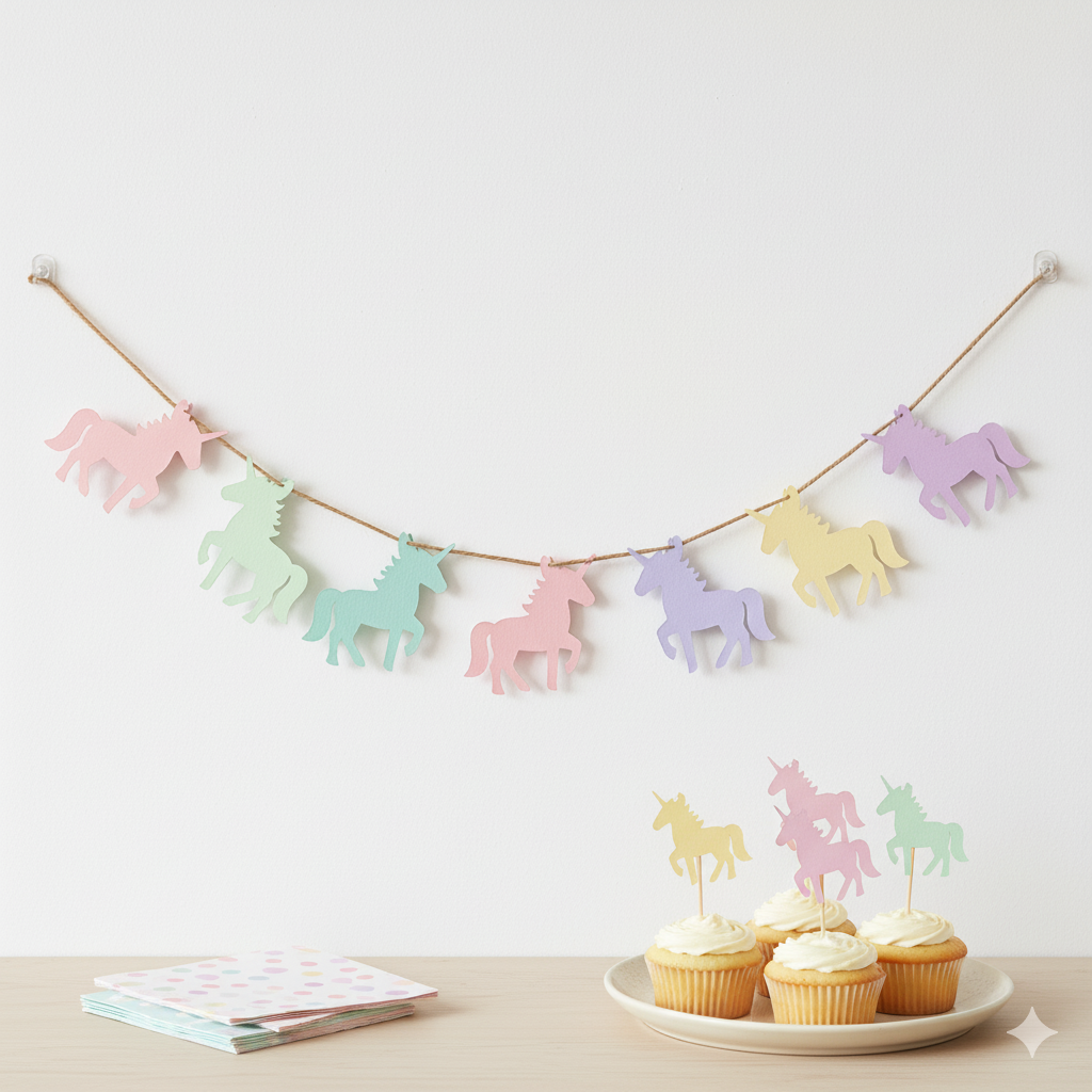Einhorn-Partyset: Girlande & Caketopper