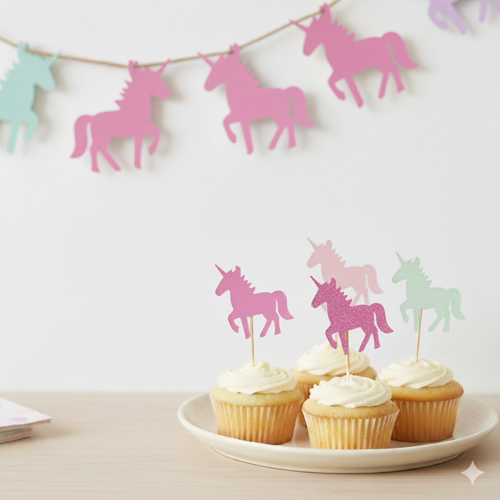 Einhorn-Partyset: Girlande & Caketopper