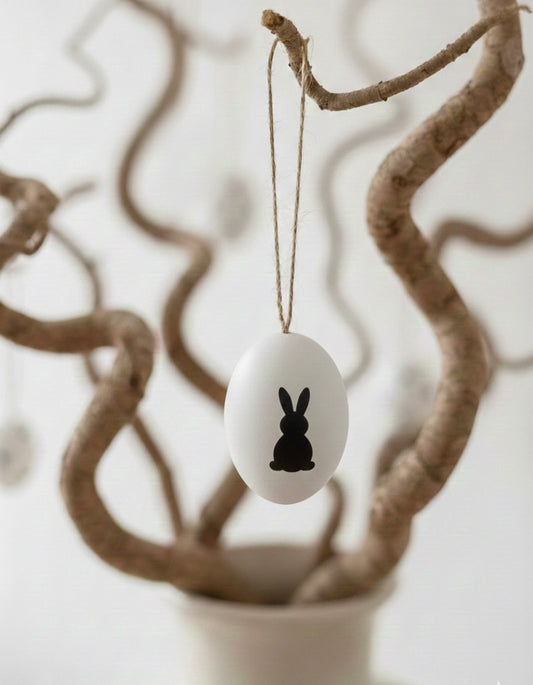 Minimalistisches Osterei mit Juteschnur SET – Weißer Osteranhänger mit Hasen-Motiv oder Punkten – Deko für den Osterstrauß