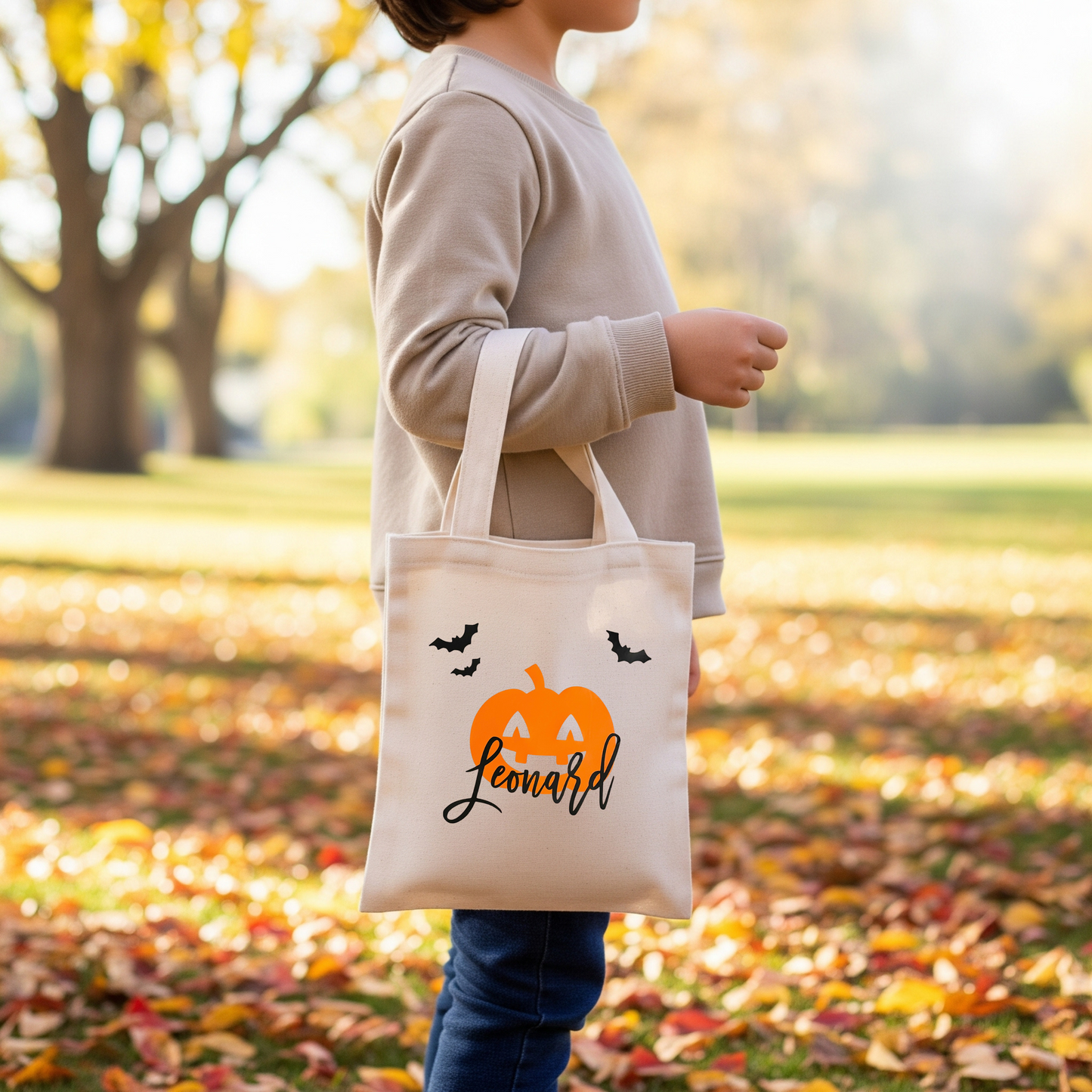 Halloween Süßigkeiten Tasche mit Name personalisiert | Baumwolltasche | Gespenst, Kürbis, Fledermaus