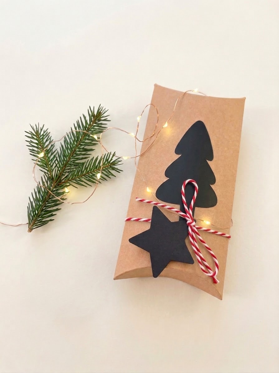 Geschenkverpackung Weihnachten Kraftpapier Pillow Box | Mini Kissenverpackung Ho Ho Ho Tannenbaum | Geldverpackung Wichtelgeschenk Klein