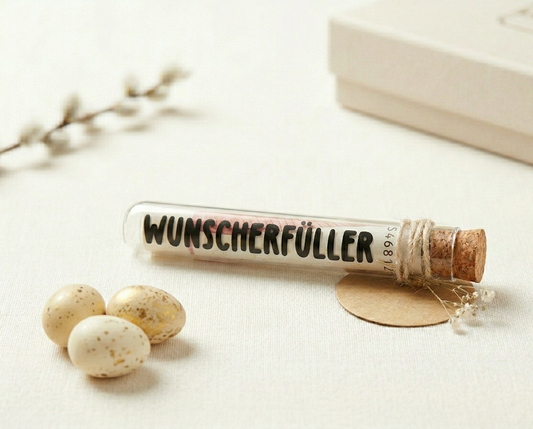 Geldgeschenk Wunscherfüller Reagenzglas mit Juteschnur und Anhänger Großbuchstaben