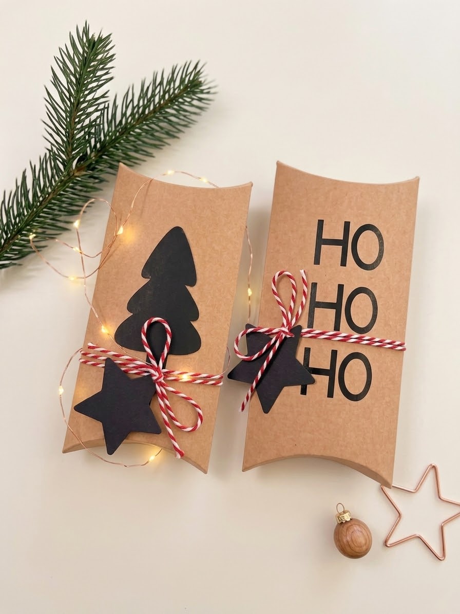 Geschenkverpackung Weihnachten Kraftpapier Pillow Box | Mini Kissenverpackung Ho Ho Ho Tannenbaum | Geldverpackung Wichtelgeschenk Klein
