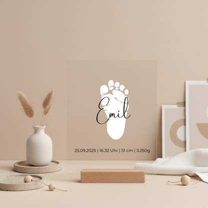 Personalisiertes Acryl-Geburtsschild Fußabdruck Geburtsschild Baby Acrylglas Holzfuss
