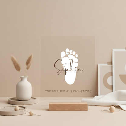 Personalisiertes Acryl-Geburtsschild Fußabdruck Geburtsschild Baby Acrylglas Holzfuss