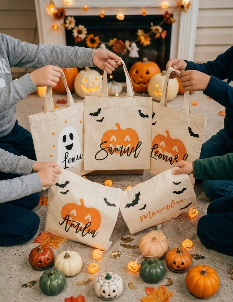Halloween Tasche personalisiert mit Namen | Süßes oder Saures Beutel Kinder | Personalisierte Halloweentasche Stoffbeutel Mitbringsel