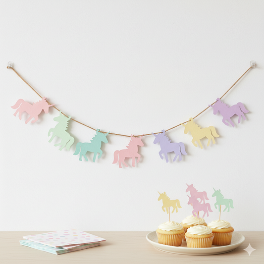 Einhorn-Partyset: Girlande & Caketopper