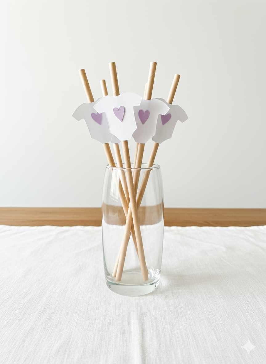 Strohhalme mit Baby-Bodies in vielen Farben als perfekte Deko für eine Babyparter oder Gender-Reveal