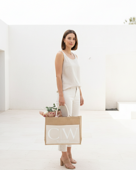 XL Jutetasche personalisiert mit Anfangsbuchstaben und Datum l Geschenk Hochzeit, Hochzeitstag, Silberhochzeit