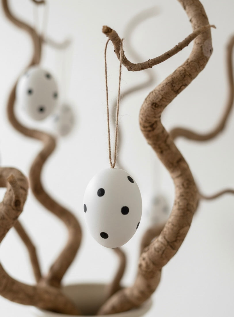Minimalistisches Osterei mit Juteschnur SET – Weißer Osteranhänger mit Hasen-Motiv oder Punkten – Deko für den Osterstrauß