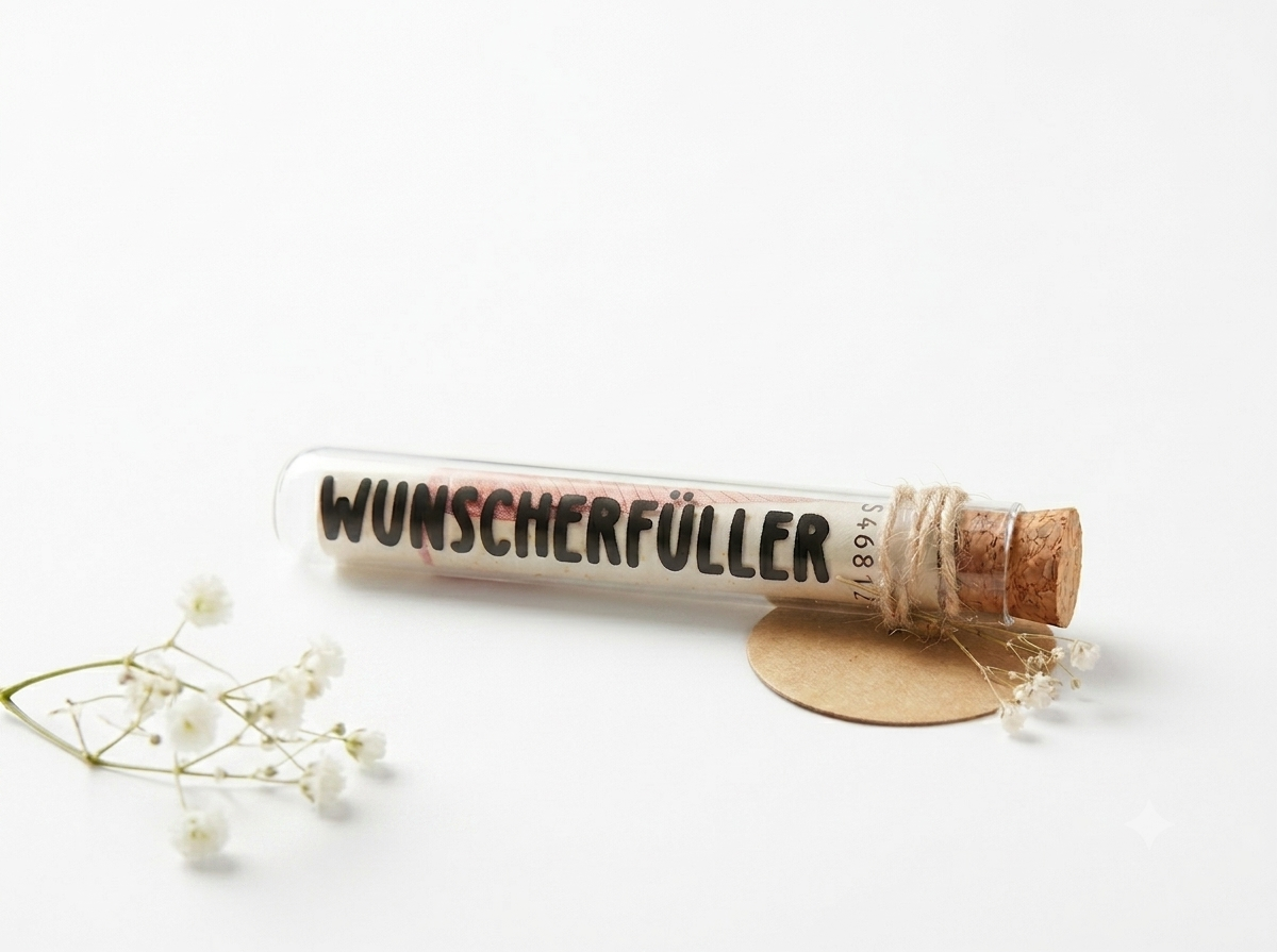 Geldgeschenk Wunscherfüller Reagenzglas mit Juteschnur und Anhänger Großbuchstaben