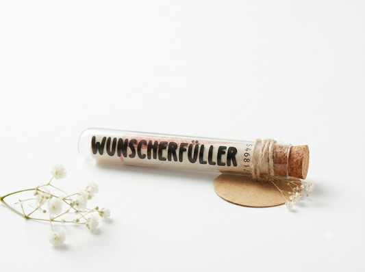 Geldgeschenk Wunscherfüller Reagenzglas mit Juteschnur und Anhänger Großbuchstaben