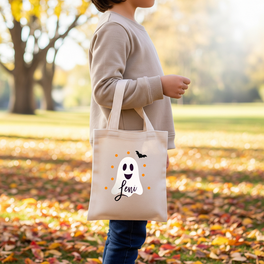 Halloween Süßigkeiten Tasche mit Name personalisiert | Baumwolltasche | Gespenst, Kürbis, Fledermaus